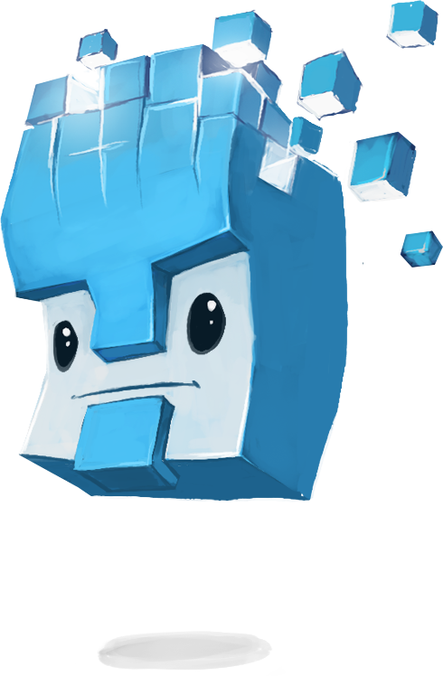 TeraBot, the blue Terahard character with cubes breaking away from his head